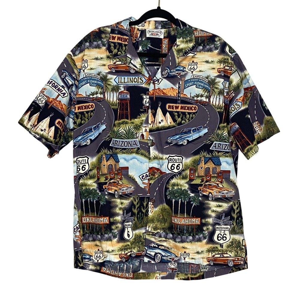 Pacific Legend Mens XL Route 66 Graphic Button Up Shirt Short Slv Made in Hawaii